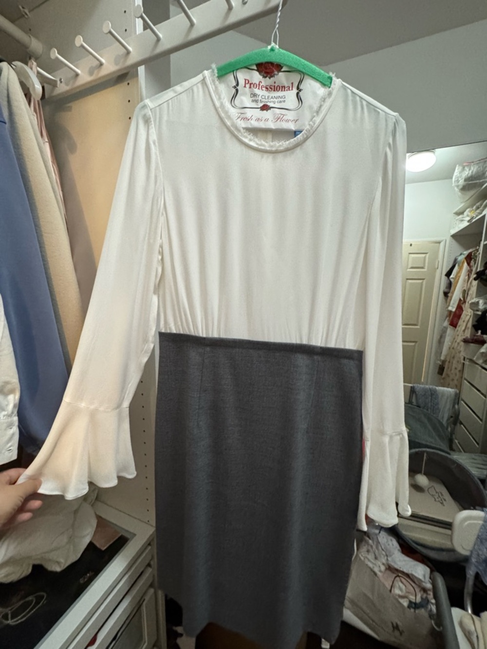 Club Monaco White and Gray Long Sleeve Two-Tone Dress
